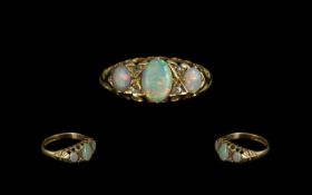 Edwardian Period 18ct Gold Attractive Opal and Diamond Set Ring, gallery setting and ornate shank,