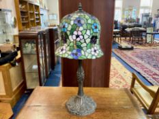 Tiffany Style Lamp, with bell shaped shade in colours of green blue and pink,