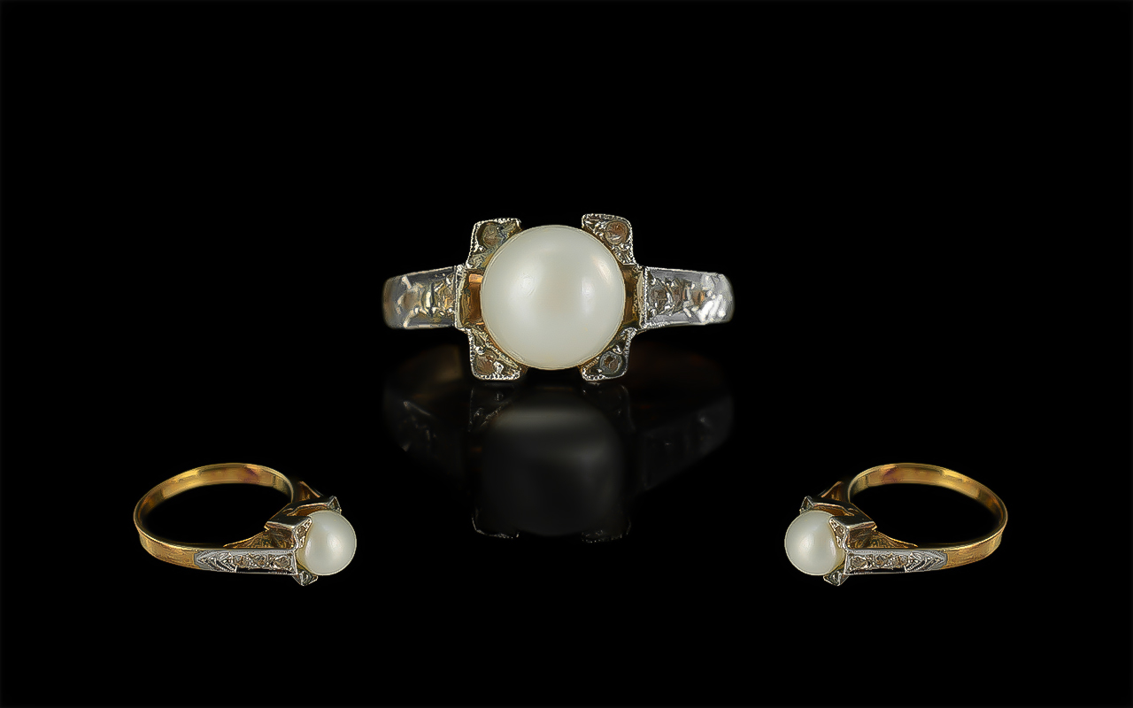 Antique Period Pleasing 18ct Gold Pearl & Diamond Set Dress Ring, the central pearl flanked by six