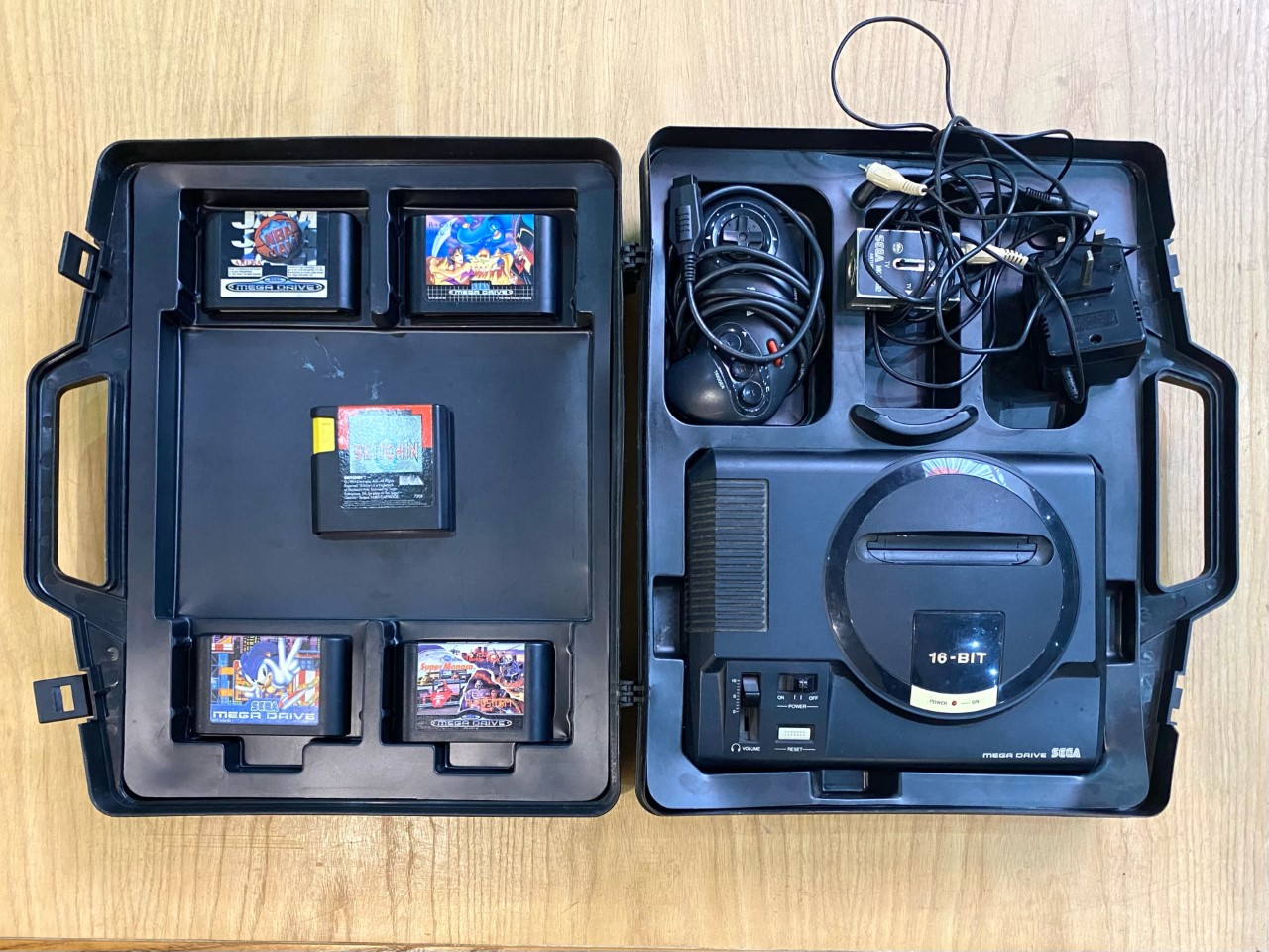 Sega Mega Drive Games Console, in fitted black hard shell case, 16-Bit, with controller etc.