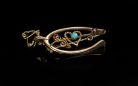9ct Gold Wishbone Brooch, set with rubies and turquoise, with attached safety chain. Full Chester