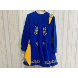 Girl's Irish Dance Costume, blue with gold trim and lining, with cloak and stone set brooch to