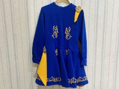 Girl's Irish Dance Costume, blue with gold trim and lining, with cloak and stone set brooch to