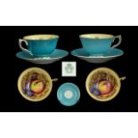 Aynsley Pair of Signed ' Fruits ' Porcelain Cups and Saucers. Signed D. Jones.