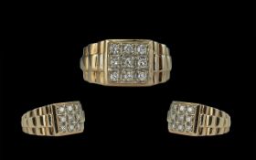 Rolex Style - Gents 9ct Gold Diamond Set Dress Ring, Solid Shank. Marked 9ct to Interior of Shank.