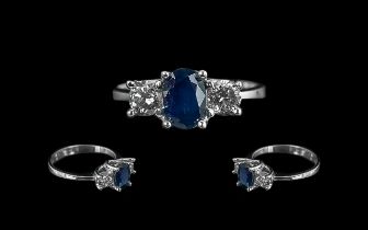 Ladies 18ct White Gold 3 Stone Diamond & Sapphire Set Ring, fully hallmarked to interior of shank.