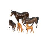 Collection of 5 Beswick Horses various models, three in brown and two palomino. Some as found,