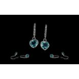 Sky Blue Topaz and White Topaz Drop Earrings, single heart cut blue topaz,