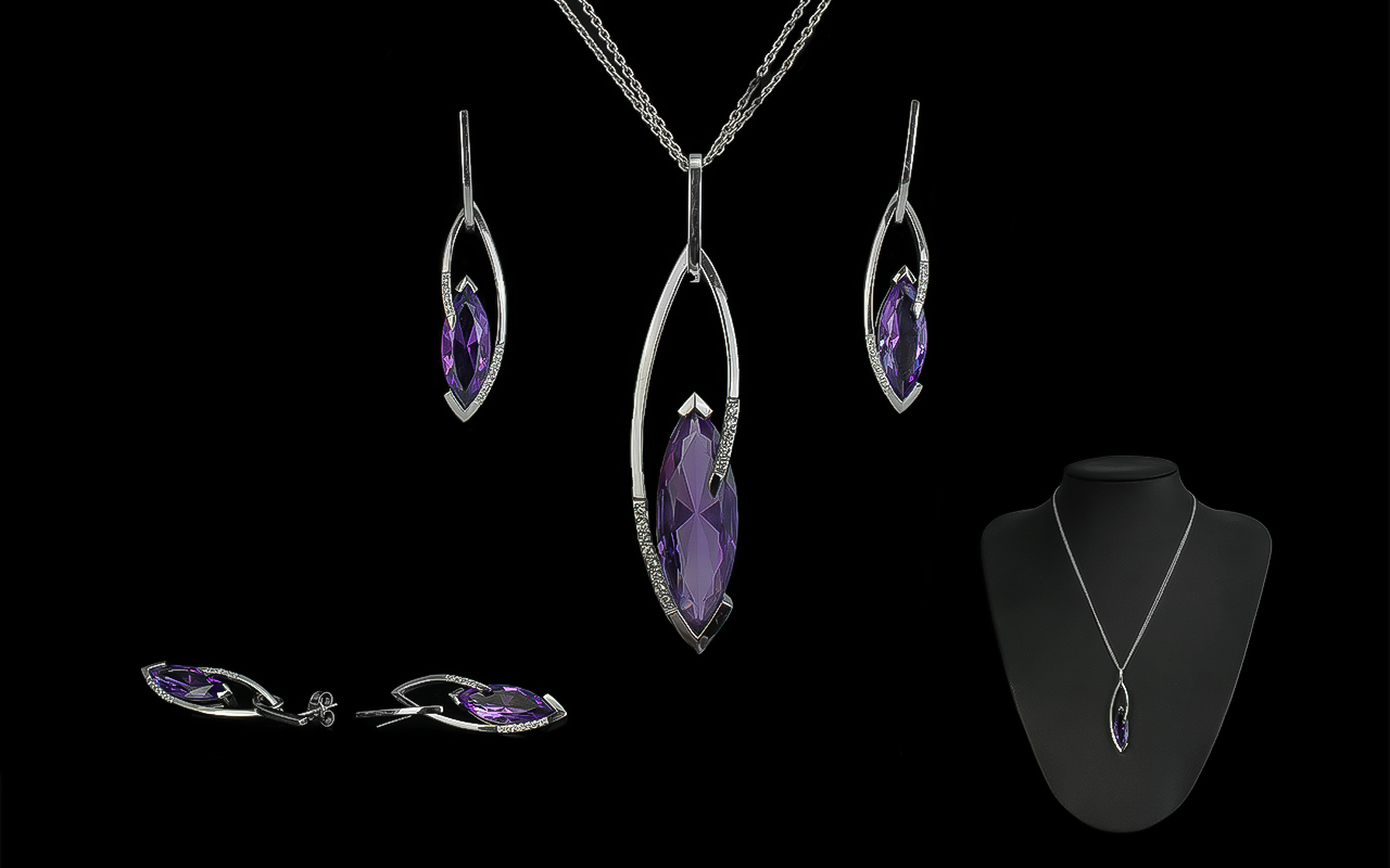 Ladies Contemporary and Top Quality Designed 18ct White Gold Deep Purple Amethyst and Diamond Set