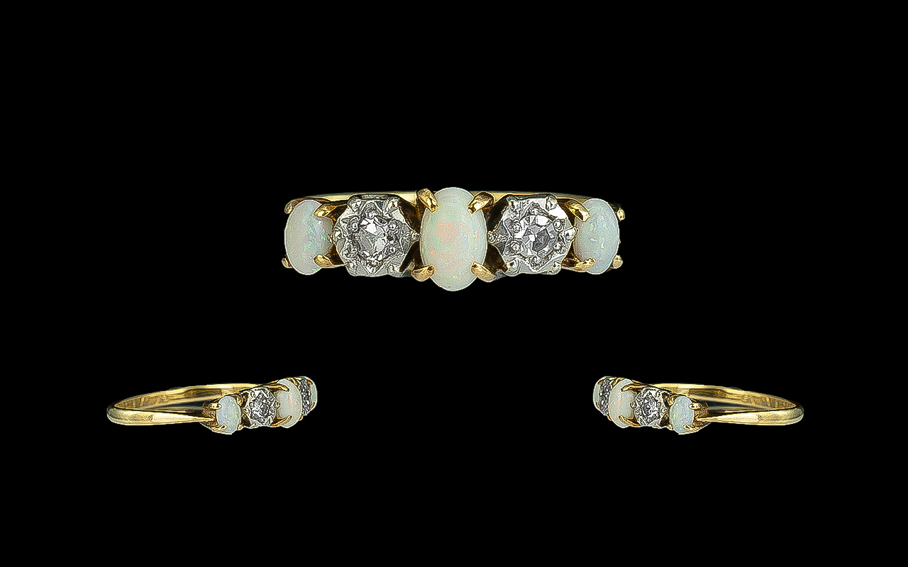 Antique Period - Attractive 18ct Gold and Platinum Opal and Diamond Set Ring.