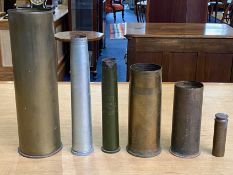 Military Interest - Box of Gun Shells, six assorted sizes and shapes. Tallest 15".