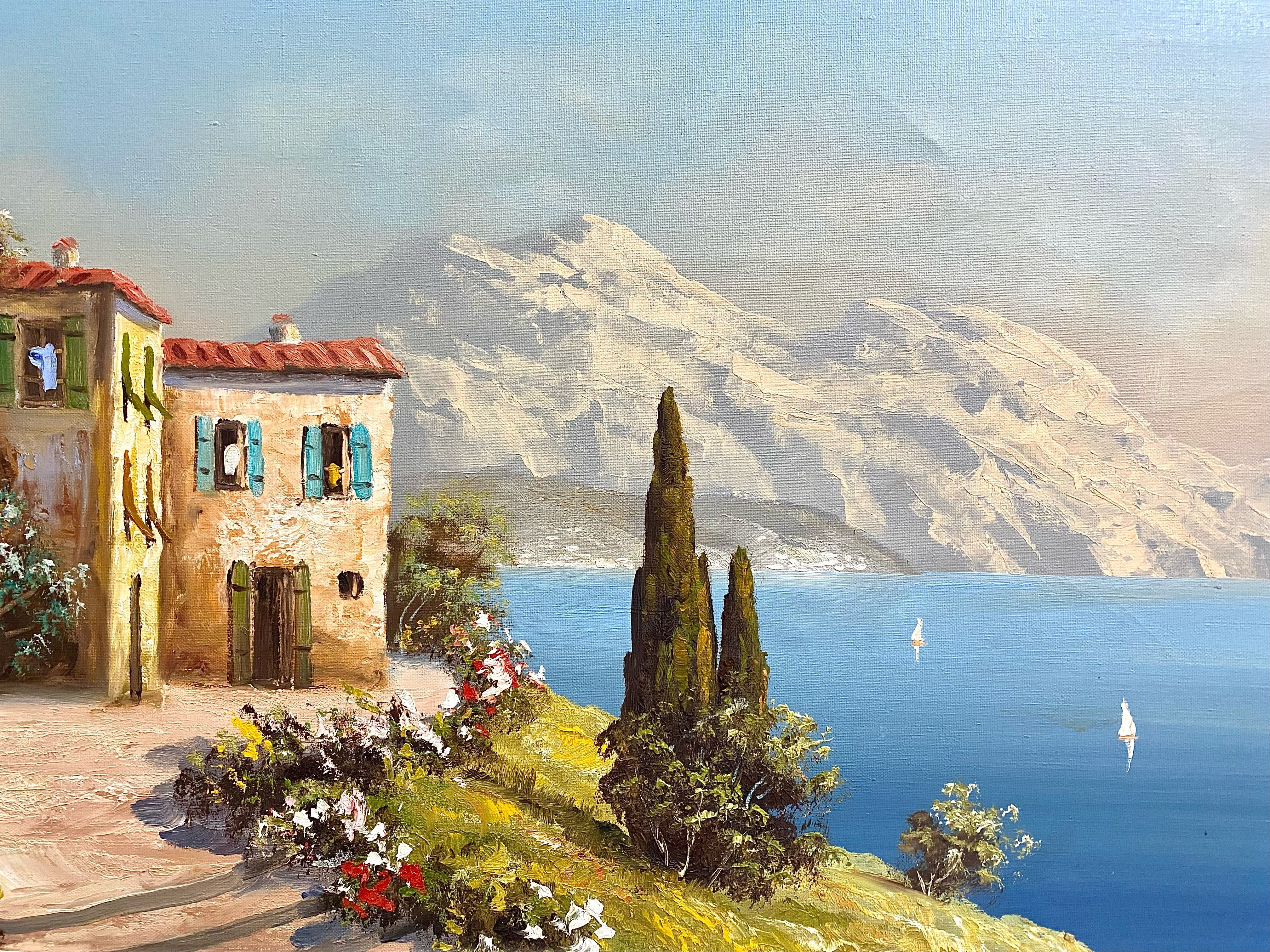 Oil on Canvas of Sandini in Italy, depicting a Mediterranean scene with mountains in the background. - Image 2 of 4