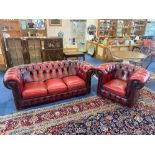 Three Seater Oxblood Leather Chesterfield Sofa, button back, three drop in seats,