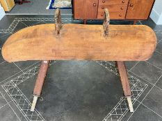 A Vintage English Suede and Pine Gymnastic Pommel Horse c1960.