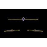 9ct Gold & Amethyst Bar Brooch - Slim Design & Claw Set with An Oval Amethyst.