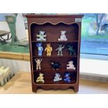 Collection of Small Ceramic & Metal Teddy Bears, complete with a wooden display rack.