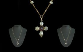 Antique Period 15ct Gold Attractive Pearl and Amethyst Set Pendant and Chain,