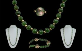 A Superb 14ct Gold and Green Jade Beaded Necklace with Matching Bracelet,