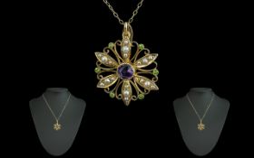 Victorian Period Ladies Attractive 9ct Gold Amethyst / Peridot / Seed Pearl Set Circular Pendant,