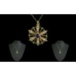 Victorian Period Ladies Attractive 9ct Gold Amethyst / Peridot / Seed Pearl Set Circular Pendant,