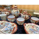 Oriental Bone China Tea Set, comprising Tea Pot, Lidded Milk Jug, Lidded Sugar Bowl,