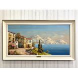 Oil on Canvas of Sandini in Italy, depicting a Mediterranean scene with mountains in the background.