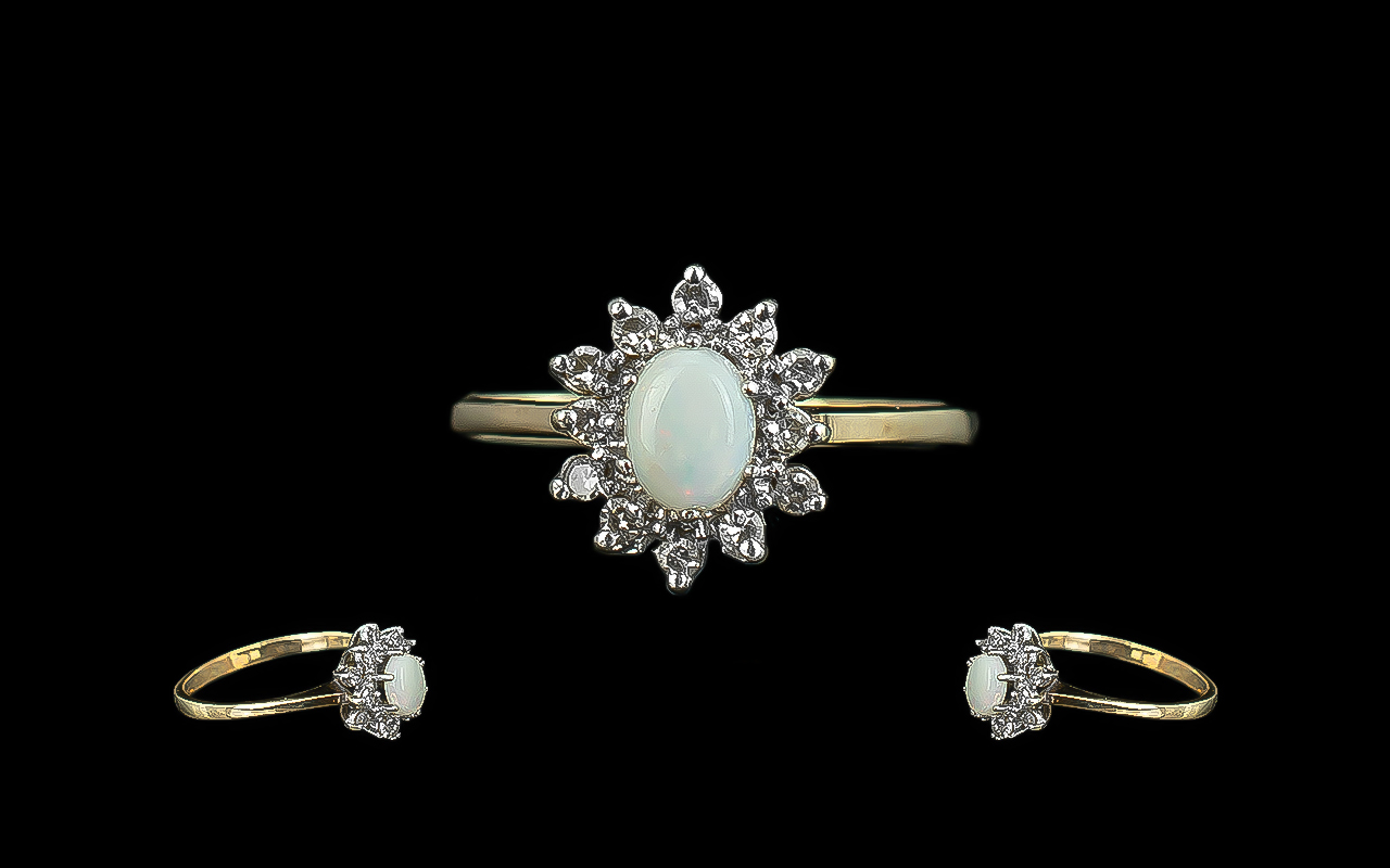 Ladies 9ct Gold Attractive Opal and Diamond Set Cluster Ring. Full Hallmark to Interior of Shank.