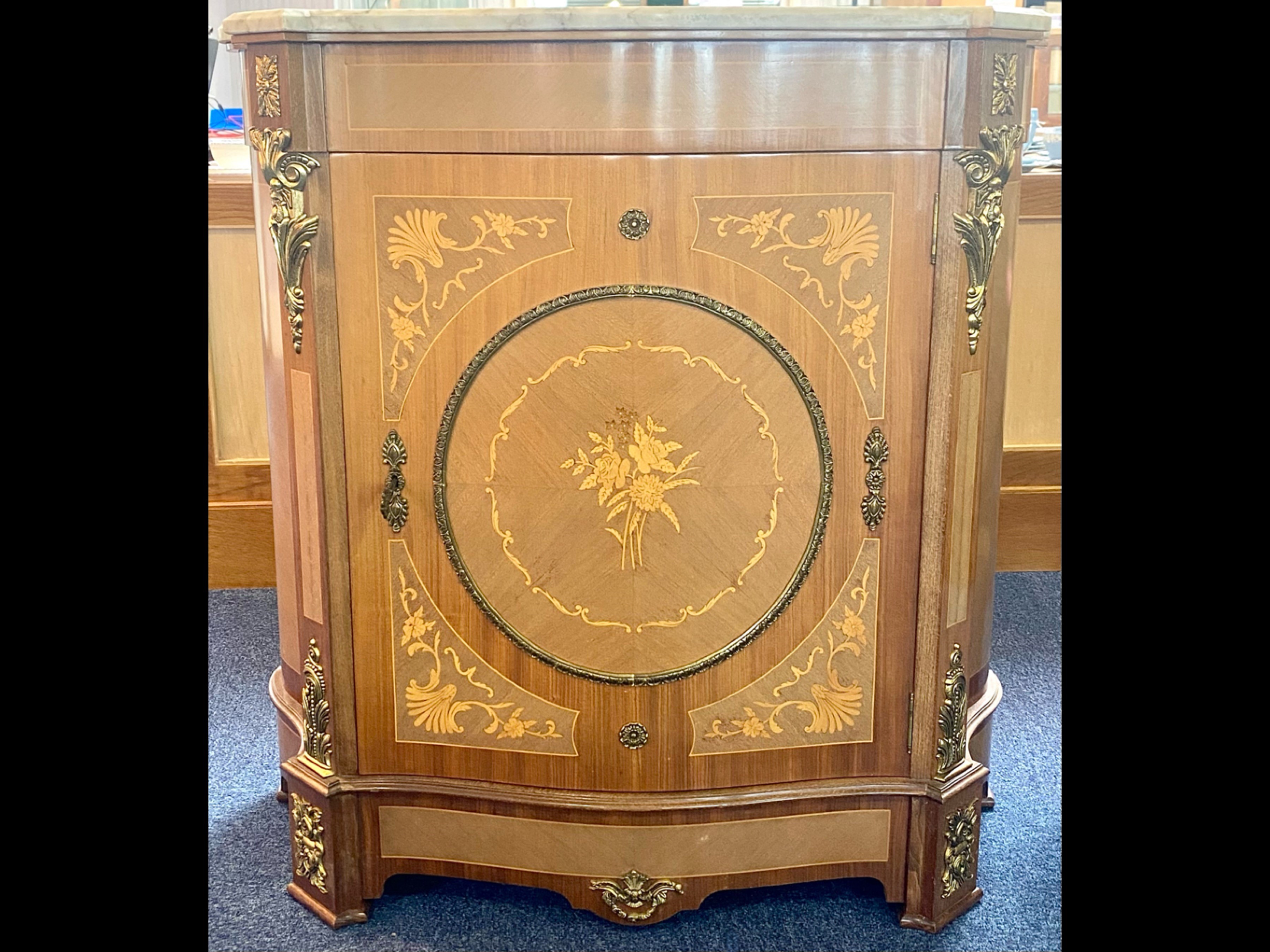 Mid 20th Century French Style Cabinet, marble top, brass ormolu mounts, door with single shelf. - Image 2 of 5