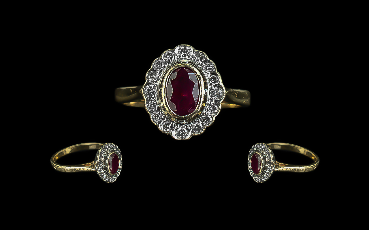 18ct Gold Attractive Ruby and Diamond Set Cluster Ring, full hallmark for 750 - 18ct,