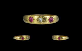 Antique Period 18ct Gold - Attractive Star Setting 3 Stone Ruby and Diamond Set Ring.