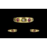 Antique Period 18ct Gold - Attractive Star Setting 3 Stone Ruby and Diamond Set Ring.