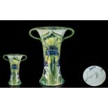 William Moorcroft Signed Twin Handled Blue Cornflower Design Vase. c.1900 - 1902. Signed William
