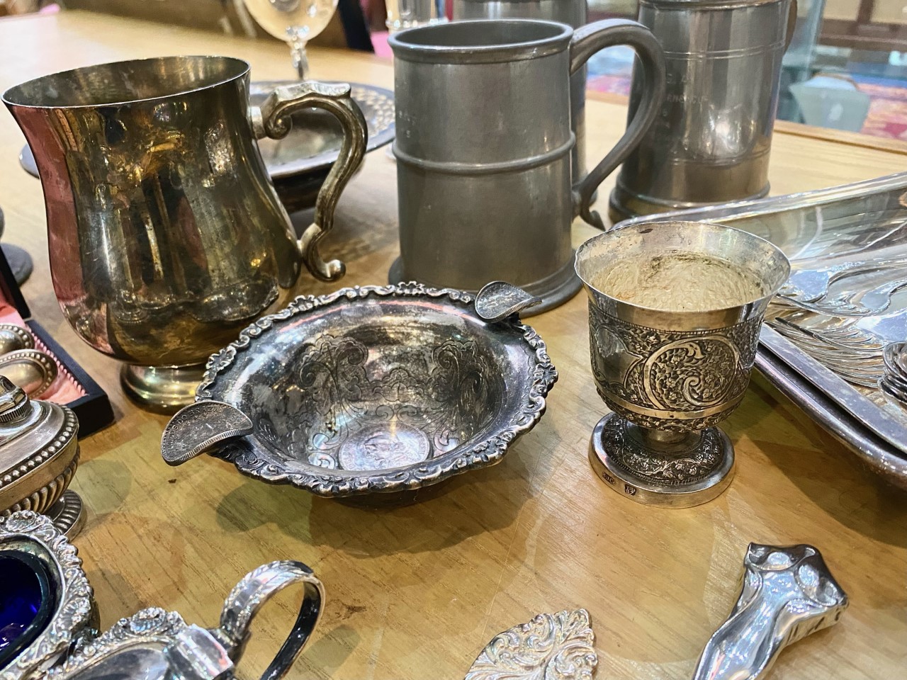 Large Collection of Silver Plated & Pewter Items, comprising tankards, cutlery, sauce pots, teapots, - Image 3 of 4