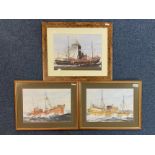 Three Robert Croft Prints, depicting trawlers, all mounted, framed and glazed. All approx.