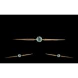 Antique Period Attractive Elongated 9ct Gold Brooch, Set with a Pale Faceted Aquamarine to Centre of