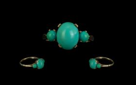Antique Period Attractive 9ct Gold 3 Stone Turquoise Set Ring, marked 9ct to shank,