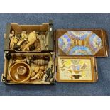 Two Boxes of Wooden Items, including carved wooden figures, hand carved bowls, clock, wooden fruit,