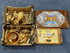 Two Boxes of Wooden Items, including carved wooden figures, hand carved bowls, clock, wooden fruit,