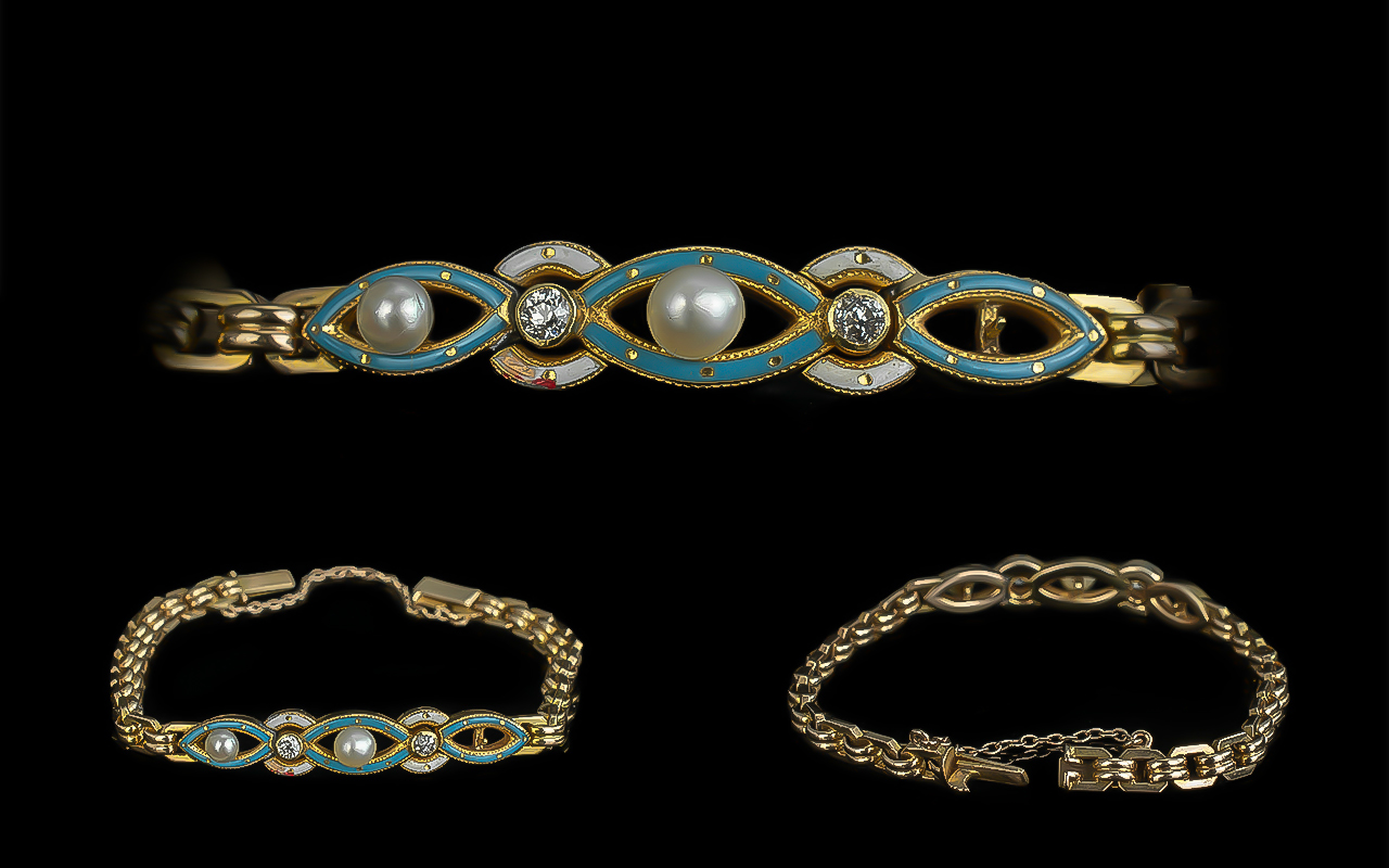 Antique Period Attractive 18ct Gold & Enamel Diamond & Pearl Set Exquisite Bracelet,