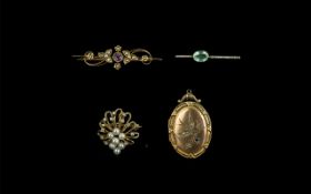 Antique Period Original 18ct Gold Amethyst & Seed Pearl Set Brooch, marked 18ct.