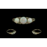 Antique Period Attractive 9ct Gold Three Stone Opal Set Ring, ornate setting,