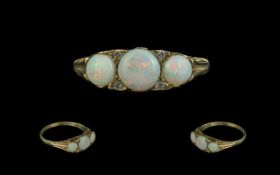 Antique Period Attractive 9ct Gold Three Stone Opal Set Ring, ornate setting,
