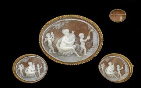 9ct Gold Pleasing Shell Cameo Brooch of oval form, with classical figure within reeded border.