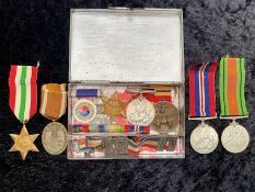 Tin of WWII Medals, including The Africa Star, The Italy Star, 1939-1945 Defence Medal,