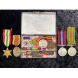 Tin of WWII Medals, including The Africa Star, The Italy Star, 1939-1945 Defence Medal,