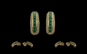 18ct Gold - Fine Quality Pair of Emerald and Diamond Set Earrings. Marked 18ct to Each Earring.