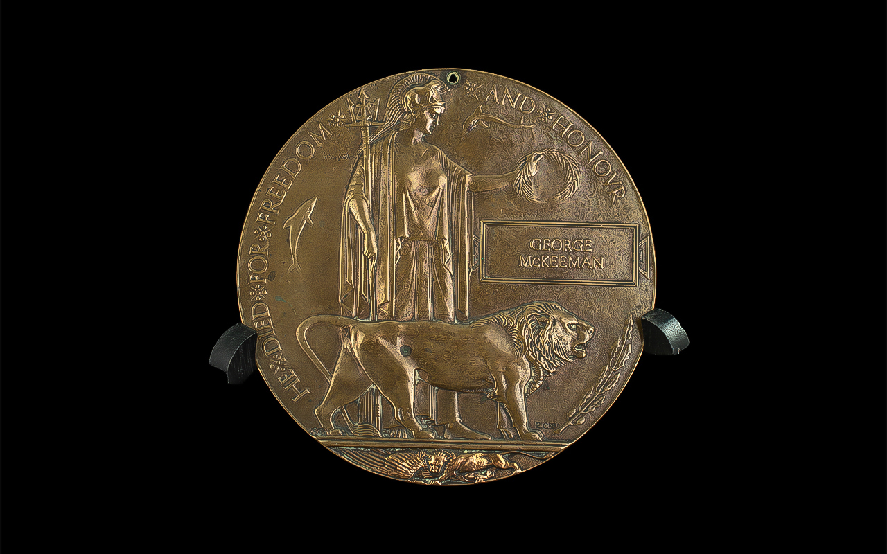 World War I Bronze Death Plaque - Awarded to George Mckeemon. Very Good Condition.