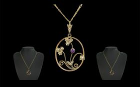 Victorian Period Attractive 9ct Gold Amethyst and Seed Pearl Set Pendant,