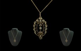 Victorian Period Attractive 9ct Gold Open worked Pendant Set with Seed Pearls,