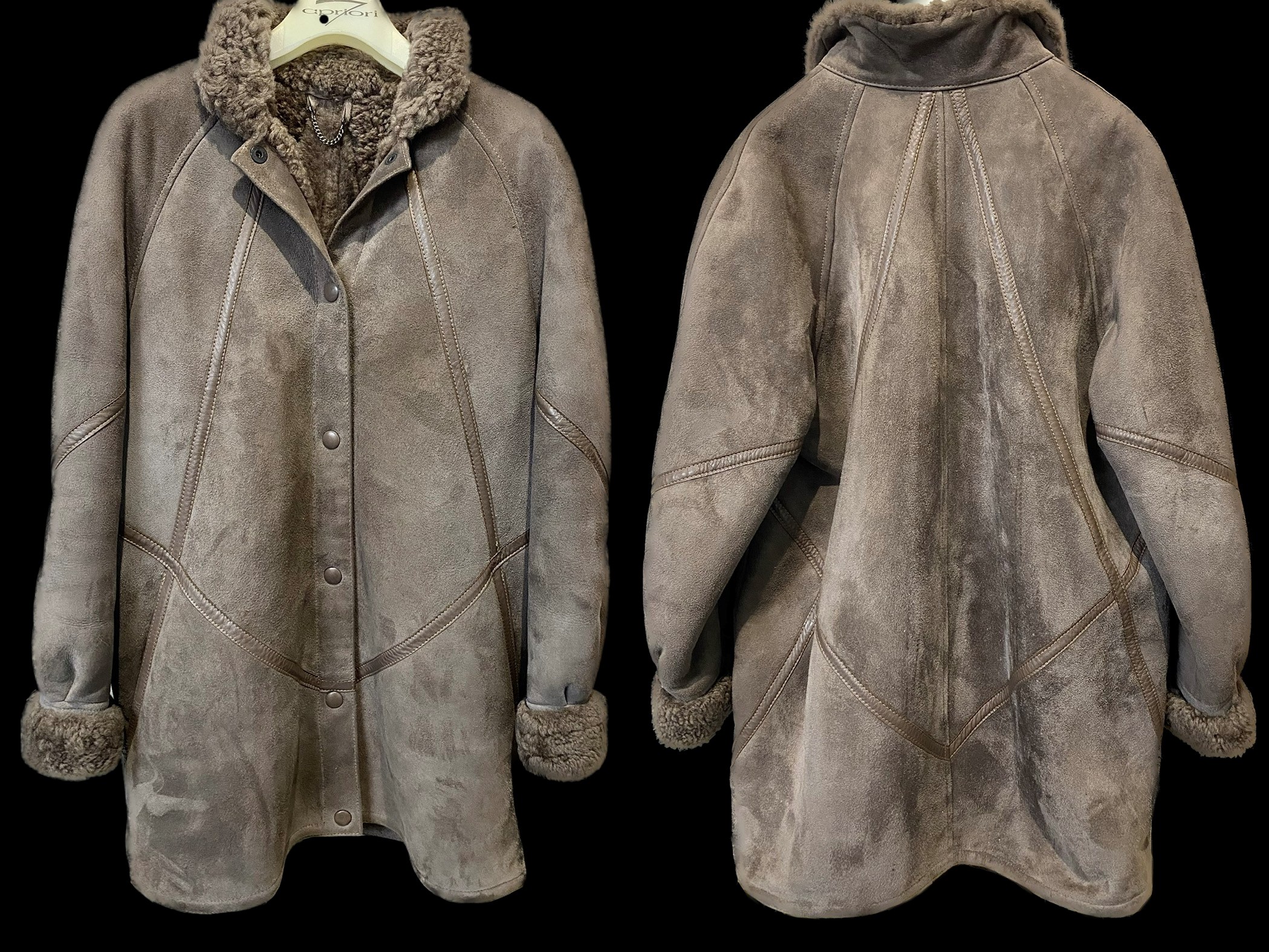 Ladies 3/4 Sheepskin Coat, Mink Colour, popper fastening, leather trims, two side pockets.